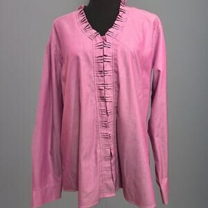 Orvis Blouse 18 Womens Button Up Shirt Ruffle Neck Iridescent Pink Purple Office